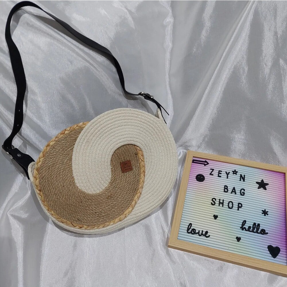 White/Brown Cotton Bag, Hand Women Bag,Vintage